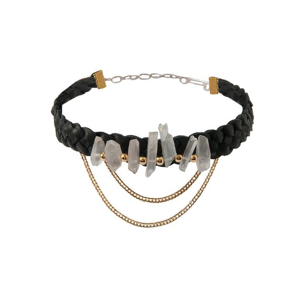 Ettika Genuine Black Leather & Quartz Crystal Choker with Chains - Picture 2 of 2